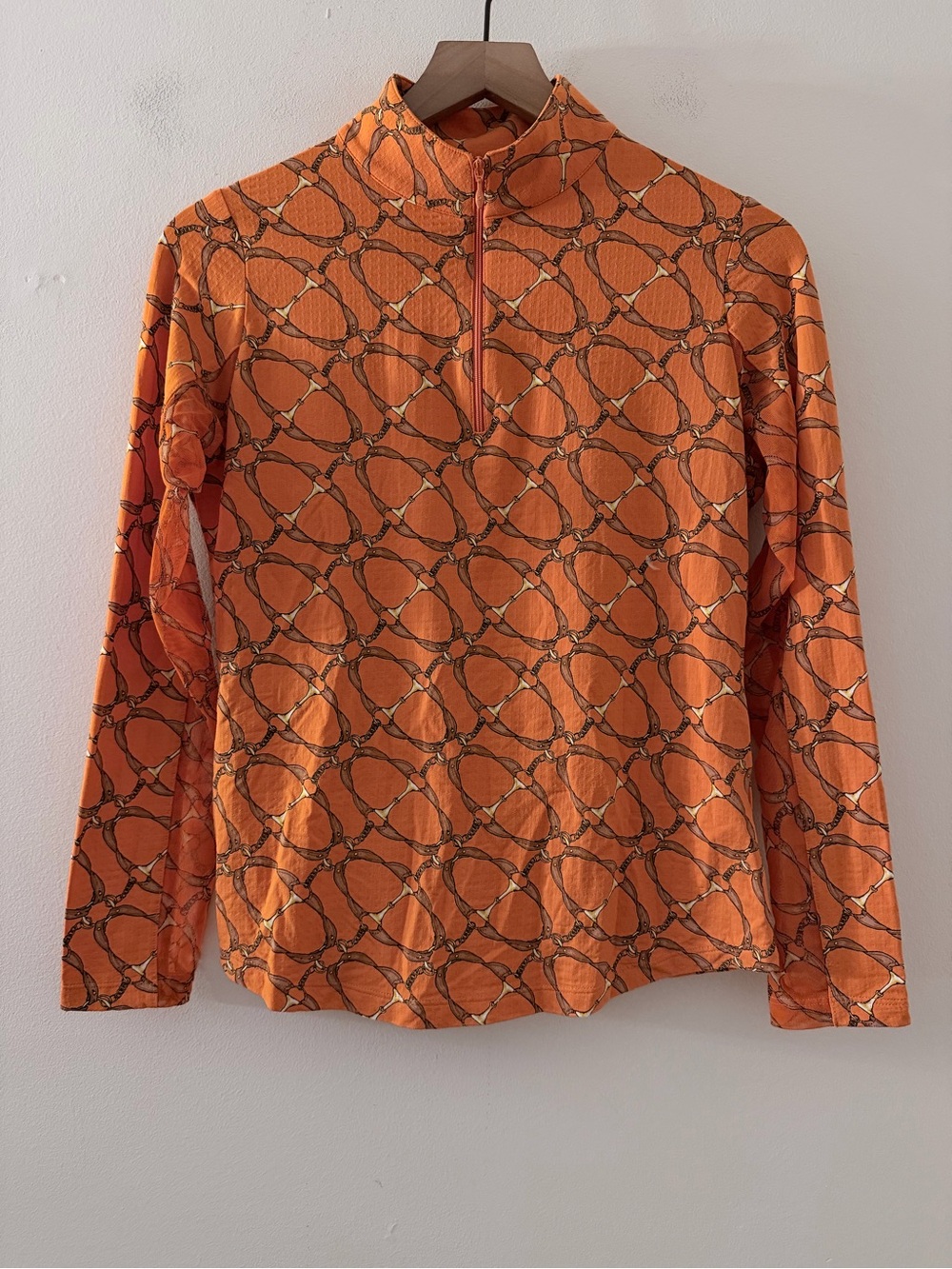 IBKUL Orange Chain Print Zip Neck Top S Athleisure Golf Tennis Sun Shirt UPF
